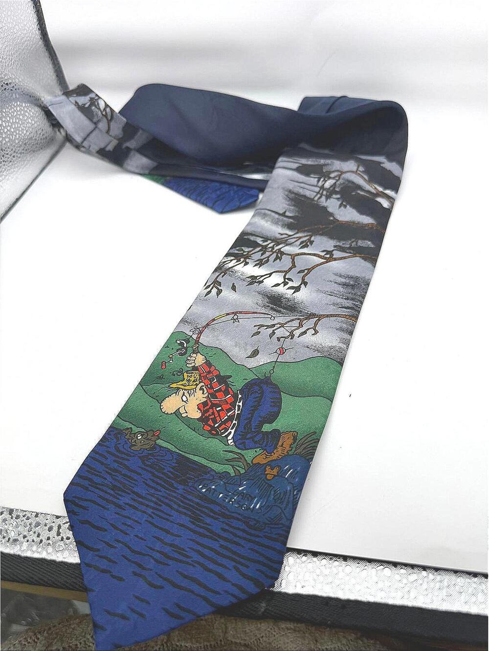 Novelty Fishing Cartoon Print Neck Tie
